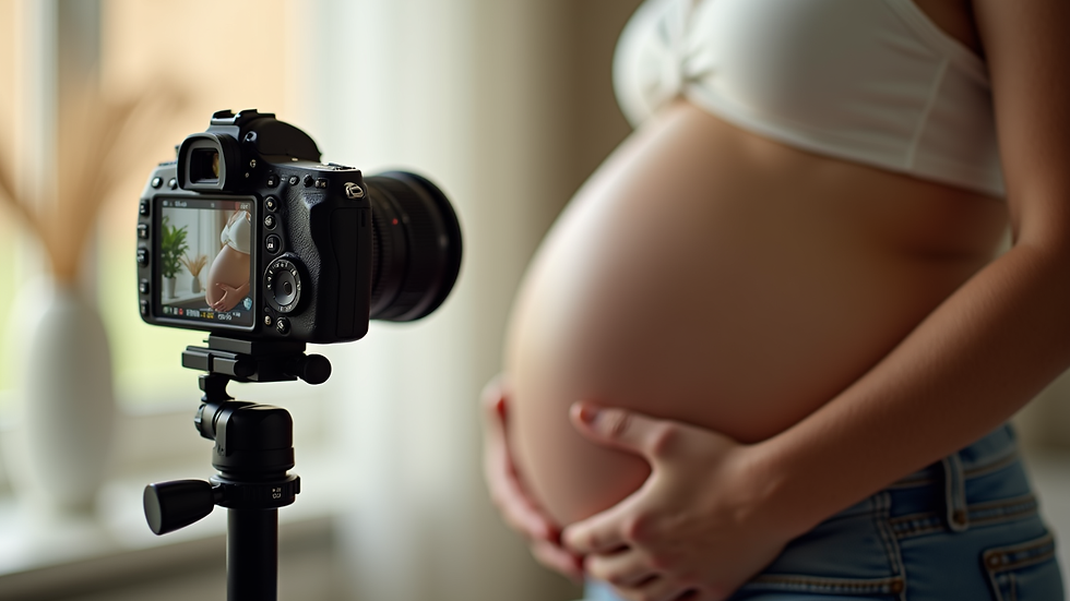 Close-up view of a camera on a tripod focusing on a pregnant woman’s belly with soft natural light
