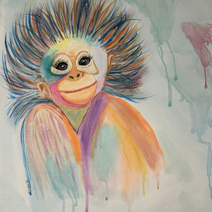 Playful colorful watercolor painting of a smiling monkey with vibrant fur by Karin Scheiba.