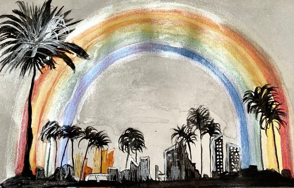Karin Scheiba watercolor painting inspired by California light – rainbow artwork with palm trees