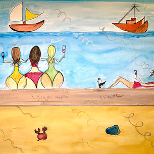 Whimsical seaside painting showing friends relaxing on the beach while watching sailboats on the ocean, celebrating summer, friendship and carefree moments by artist Karin Scheiba.