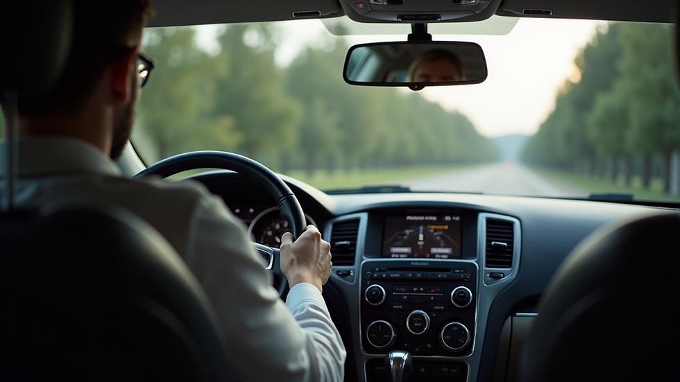 Close-up view of a car dashboard with mirrors and controls