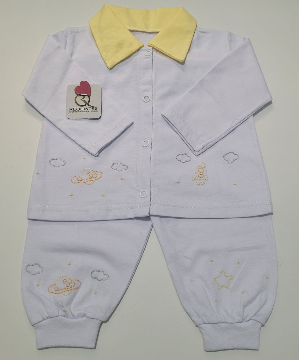 Miniatura: Pijaminha bebe menino de malha de algodão,  com bordados manuais.