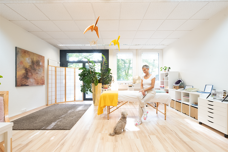 Lichtdurchfluteter Behandlungsraum der Praxis Wanderer. Gotho Wanderer sitzt auf der Behandlungsliege und sieht zu ihrem Hund Toffee hintunter, der vor ihren Füssen sitzt