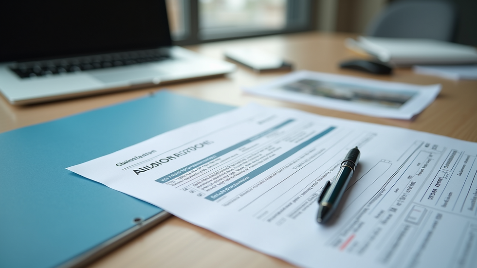 High angle view of customs documents and aviation paperwork on a table