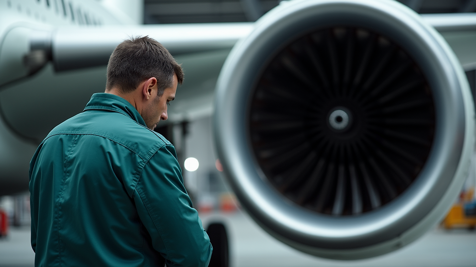 Eye-level view of an aircraft maintenance technician inspecting a jet engine