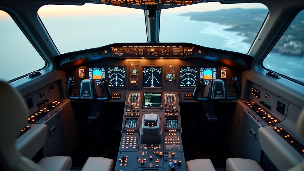high angle view of a business jet cockpit with instruments and controls
