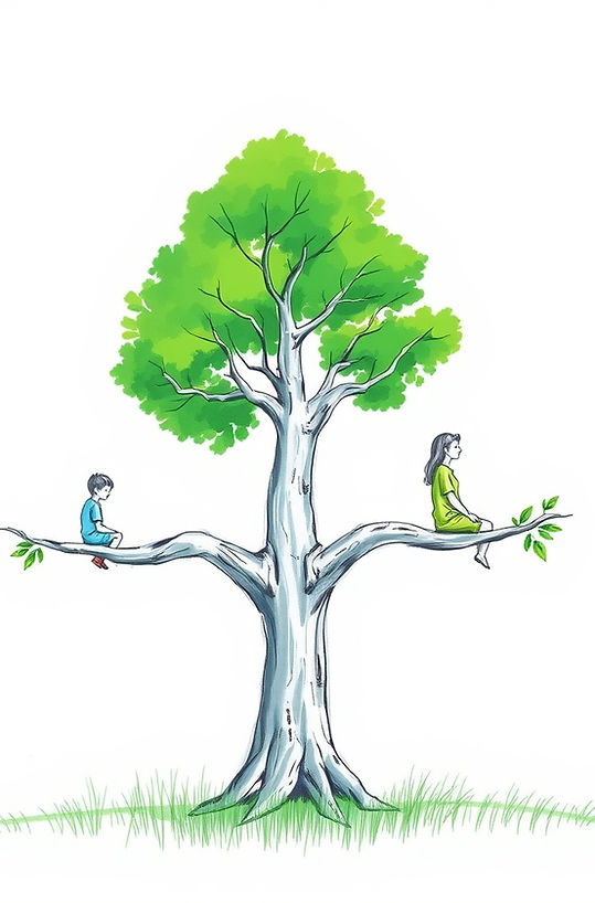 a tree that on each brach sits a child- then a teen- then an adult- in green- blue pallet-