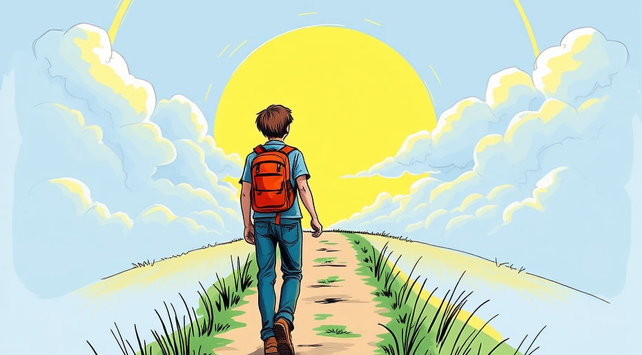 a teen adolocenet walking towards the big optimistic horizon , with circel clouds, he is w