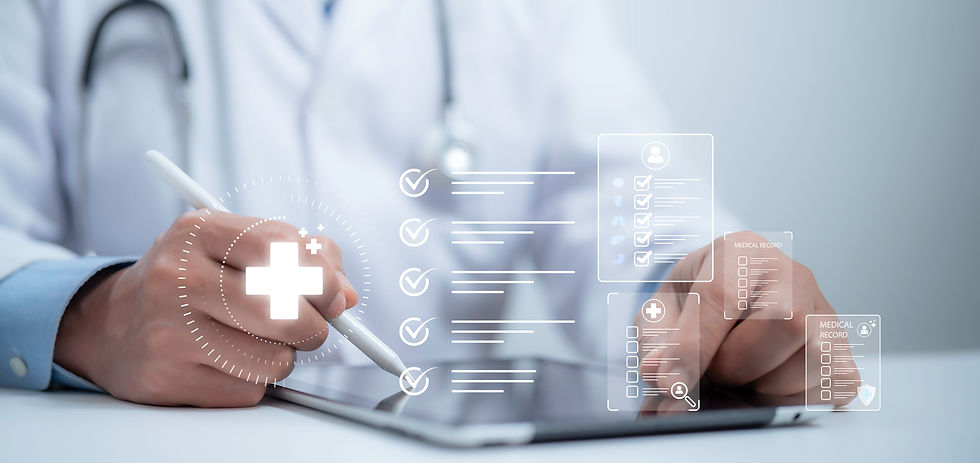 Doctor in white coat uses stylus on tablet, reviewing medical record checklist icons in a bright clinic setting