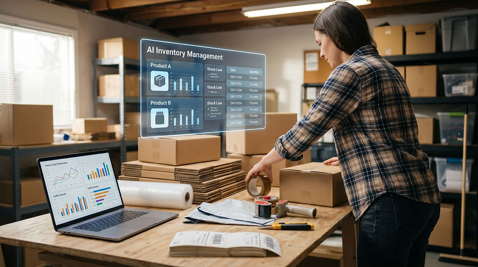 Woman packing boxes in a warehouse, reviewing AI Inventory Management dashboards on a laptop and floating screen.