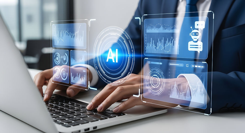 Businessman typing on laptop with glowing AI dashboard, charts, and chatbot icons in an office setting