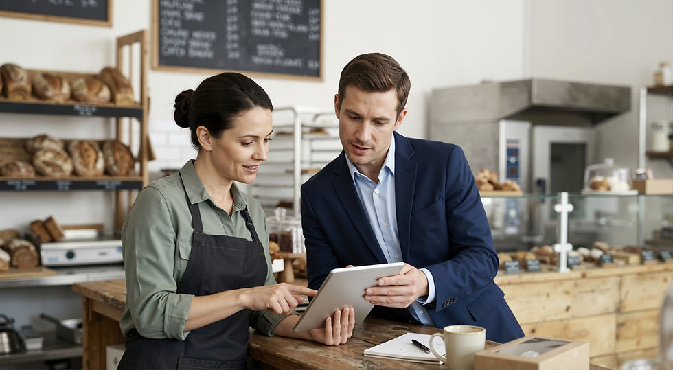 Woman in apron and man in suit review a tablet in a bakery, with bread shelves and chalkboard menus behind them.