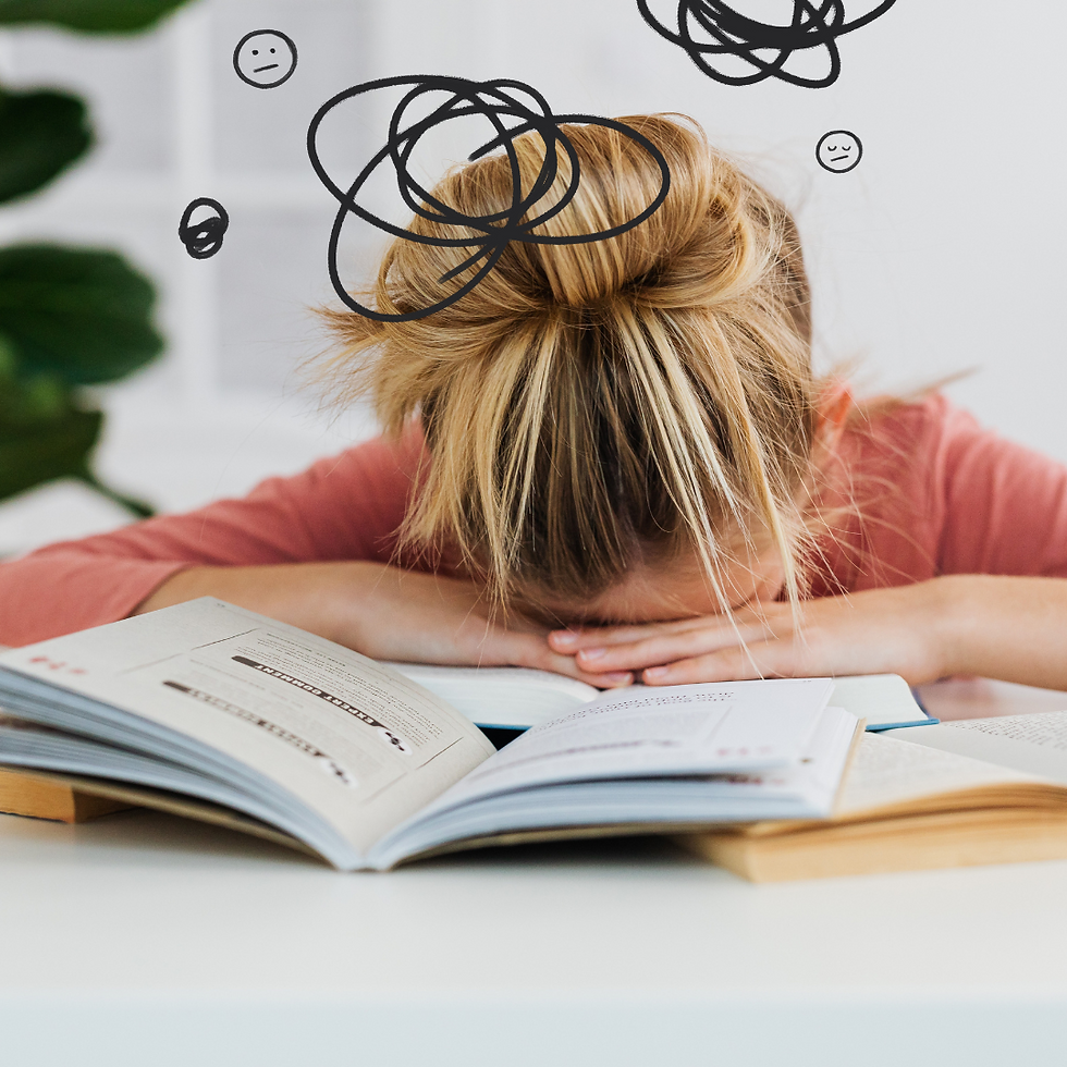 Blonde girl with head on open books, doodle scribbles above her; looks overwhelmed. White and green background, wearing a pink sweater.