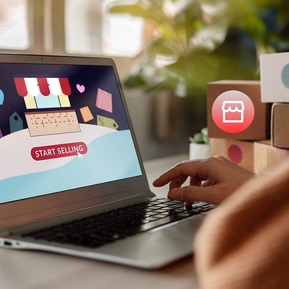 Hand on laptop clicking "Start Selling" button. Graphic of a store sign on screen. Boxes and plants in the background, giving a business vibe.