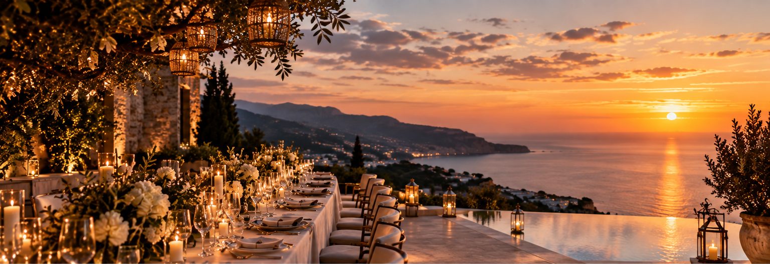 Candlelit dinner table on a clifftop terrace above the sea at sunset