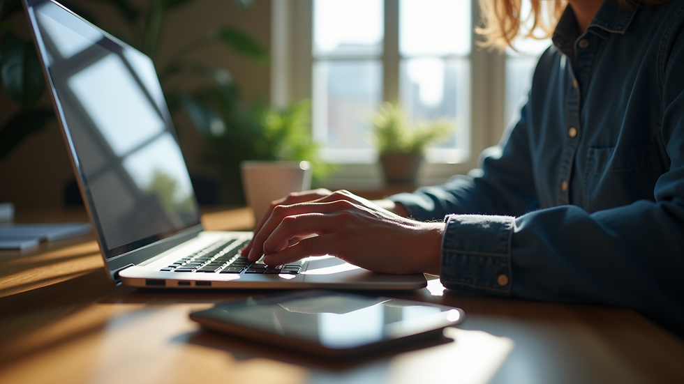 Eye-level view of a person using a laptop to generate content with AI