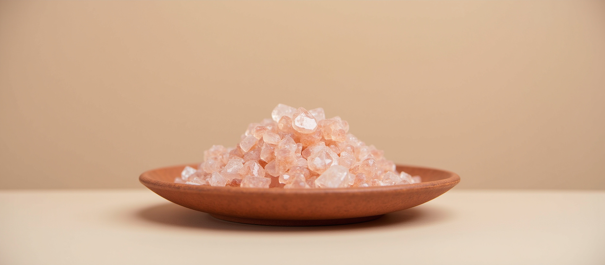 Himalayan pink salt crystals in wooden bowl