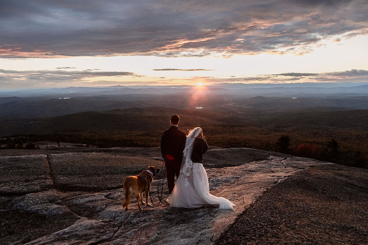 A bride and groom look at the setting sun with their dog behind them. They are on top of a mountain wearing their wedding clothes after just getting married.