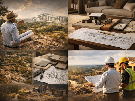 Luxury architectural process in Texas Hill Country featuring site analysis, blueprint planning, material selections, and construction oversight for custom luxury homes in San Antonio, illustrating integrated architectural services and refined design development by Khamila Design House.