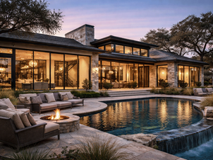 Modern Texas Hill Country luxury home at twilight featuring limestone walls, expansive floor-to-ceiling glass, open-concept interior, and resort-style pool terrace. Elegant contemporary architecture reflecting refined Luxury Construction in Texas and bespoke custom home design in San Antonio and the Texas Hill Country.