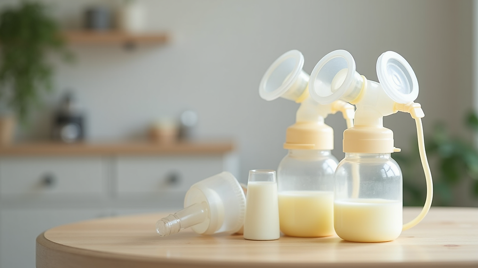 Close-up view of a breast pump with milk collection bottles