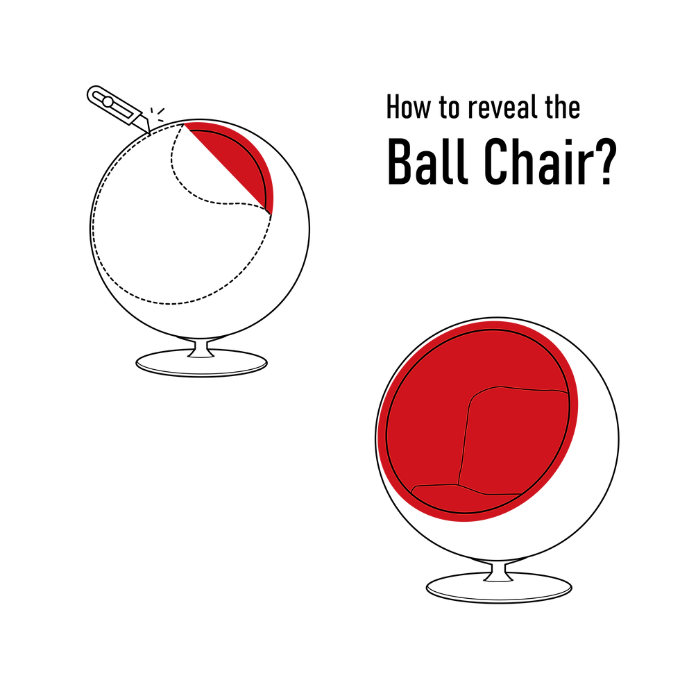 רהיט BALL CHAIR של חברת ויטרה באיור משעשע שמראה חיתוך של הכיסא בסכין חיתוך