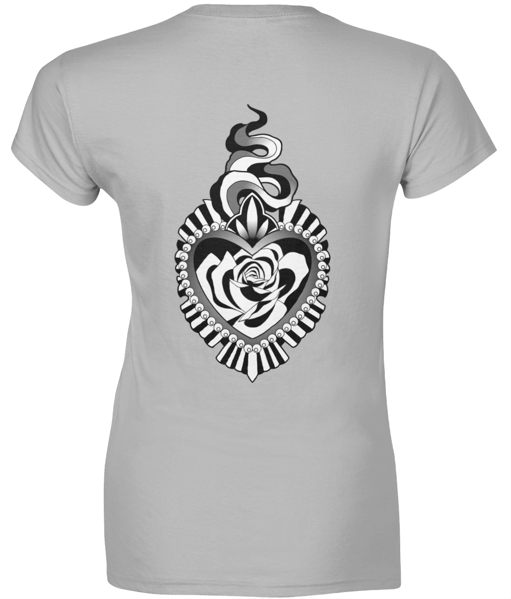 Grey women's fit T-Shirt with tattoo style sacred hearts design on the back 