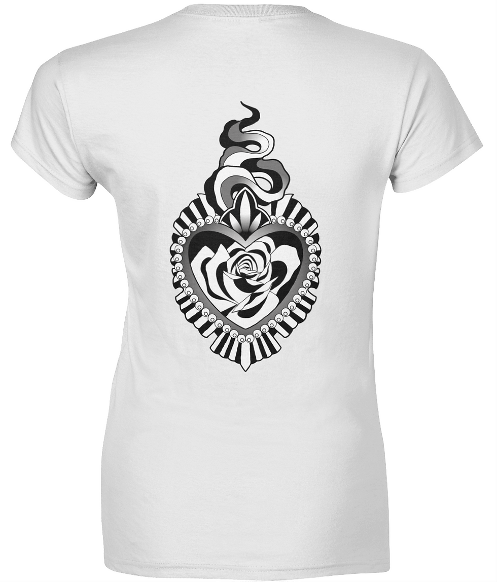 White womens fit T-Shirt with tattoo style scared heart design on the back 