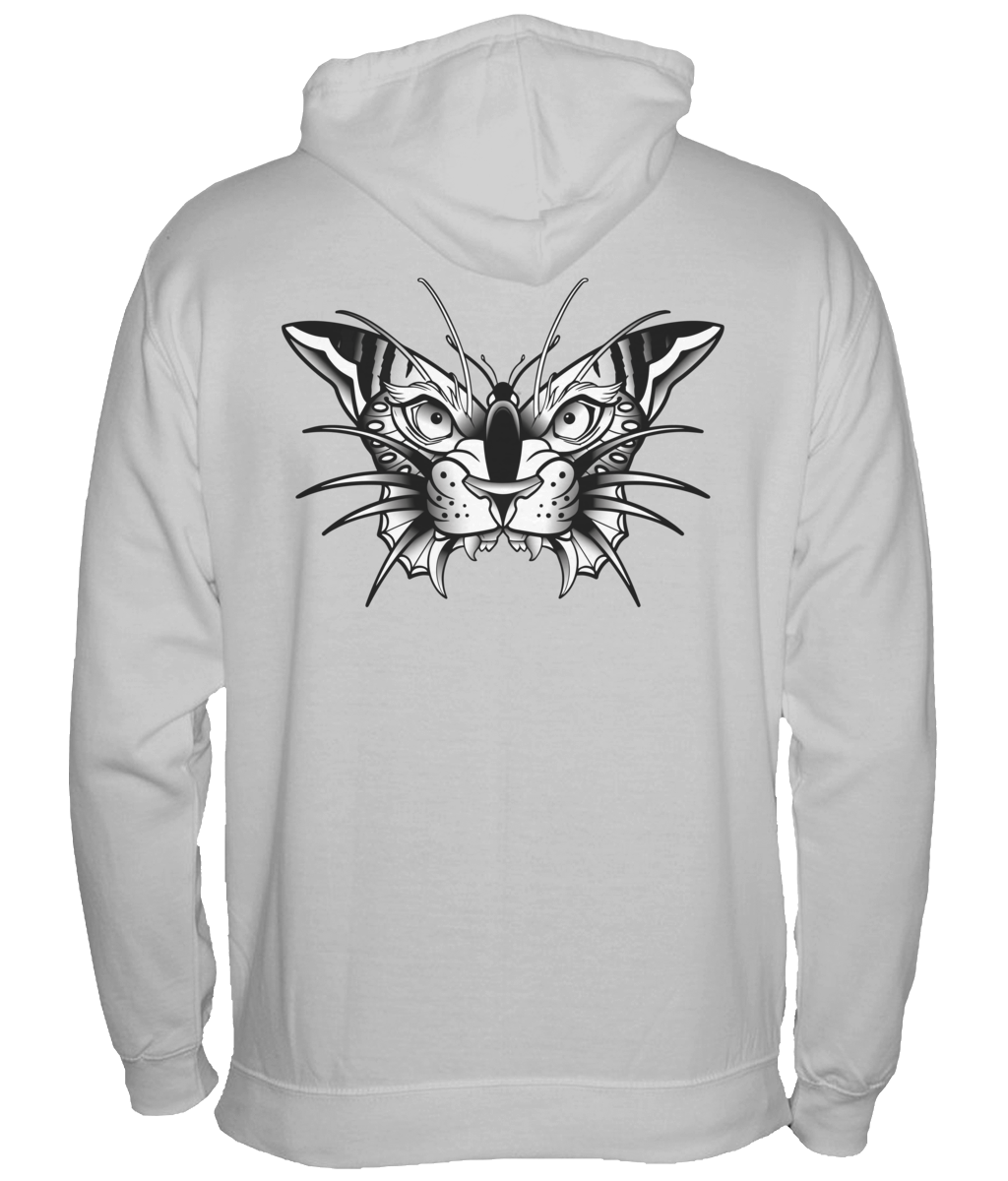 Rear view of grey hoodie with Tiger/butterfly design on the back