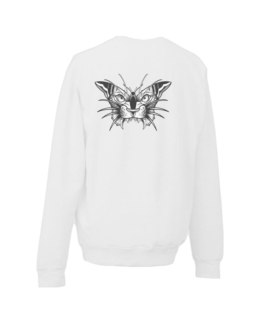 White crew neck sweatshirt with Tiger/Butterfly design on the back