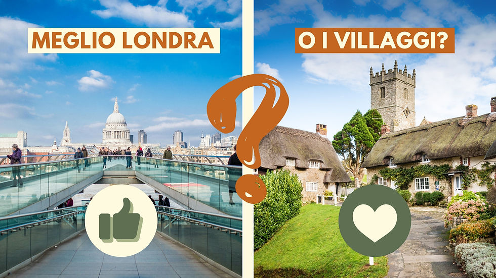 Foto composta da due immagini: a destra la cupola della Cattedrale di St Paul's a Londra vista dal Millennium Bridge e sulla sinistra il villaggio di Godshill, sull'isola di Wight, con i suoi cottage col tetto di paglia e il campanile quadrato della chiesa