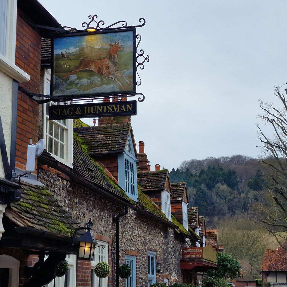 Insegna colorata di un pub inglese di campagna nel villaggio di Hambleden, nelle Chiltern Hills