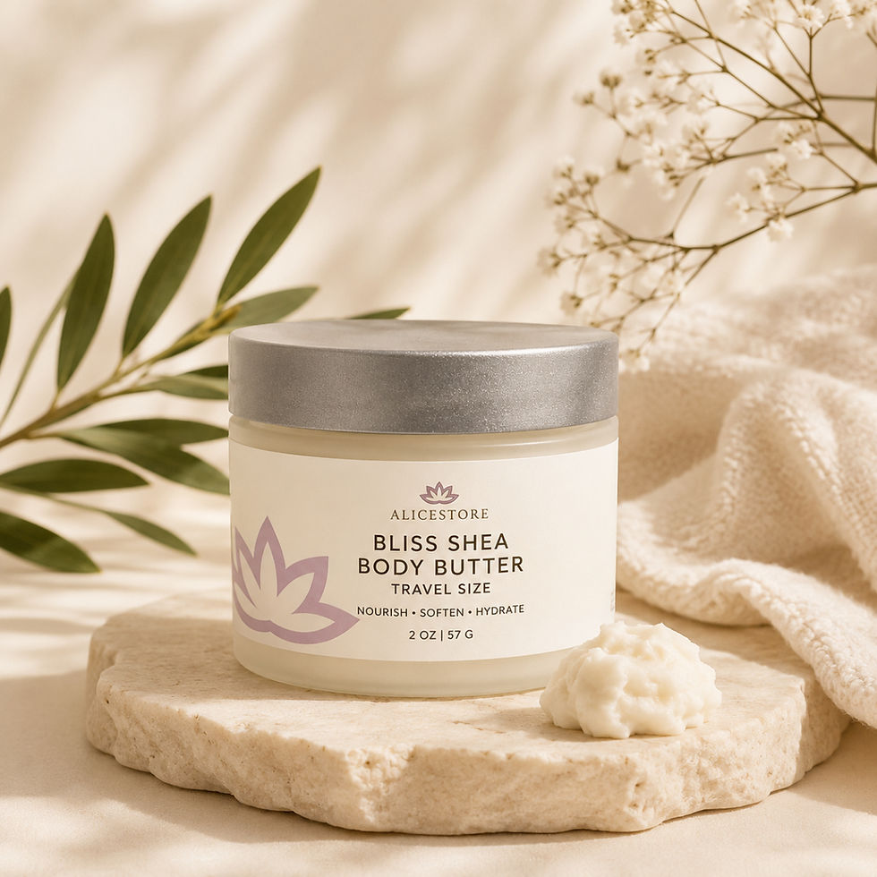 Travel size Bliss Shea Body Butter jar on a stone base