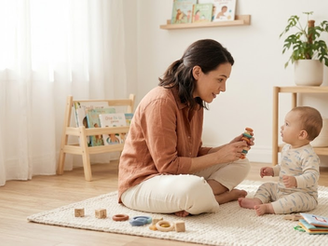 Foto de uma mãe estimulando o bebê no tapete da sala
