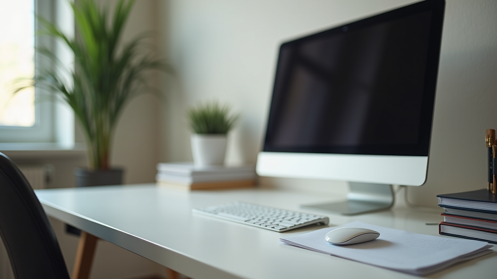 Close-up view of a therapist's workspace with a computer and therapy materials