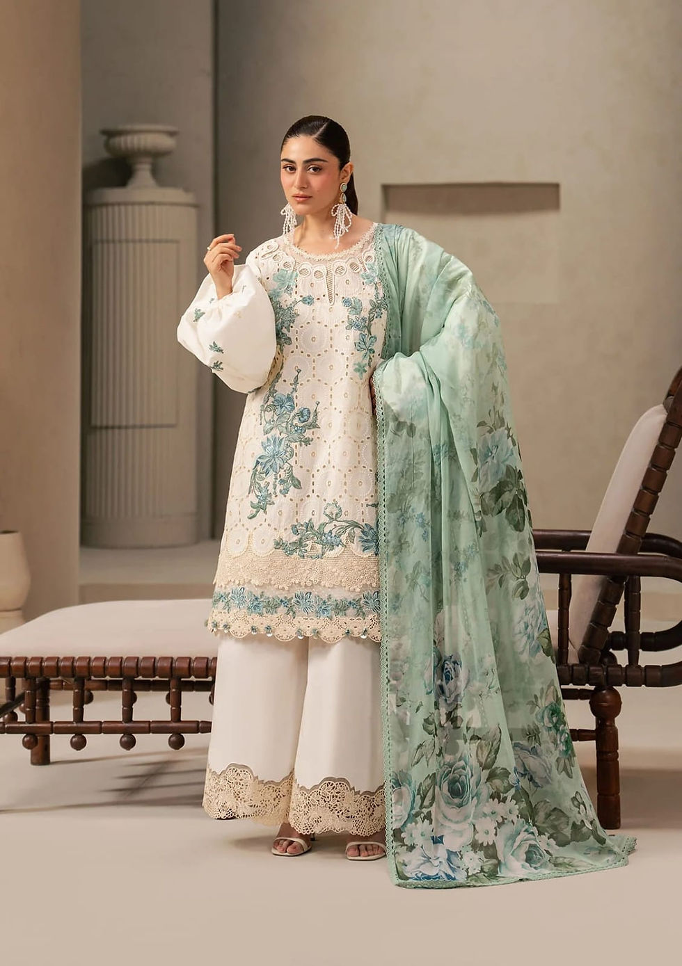 Ivory Mint Floral Embroidered Suit
