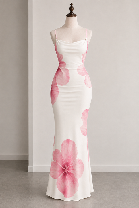 Pink Floral Cowl-Neck Bodycon Maxi Dress