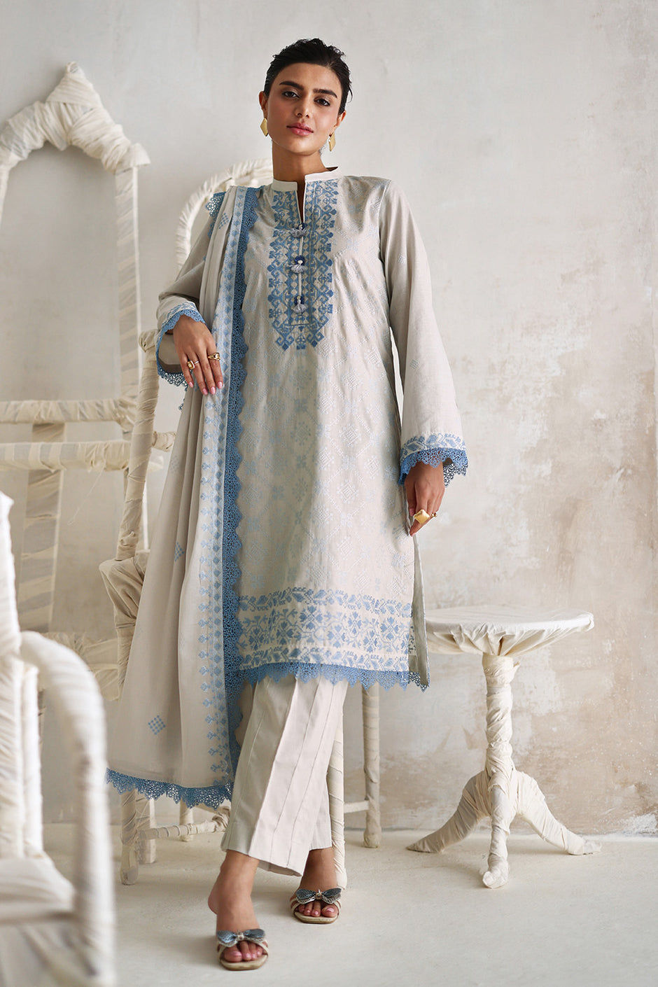 Ivory & Blue Embroidered Kurta Set