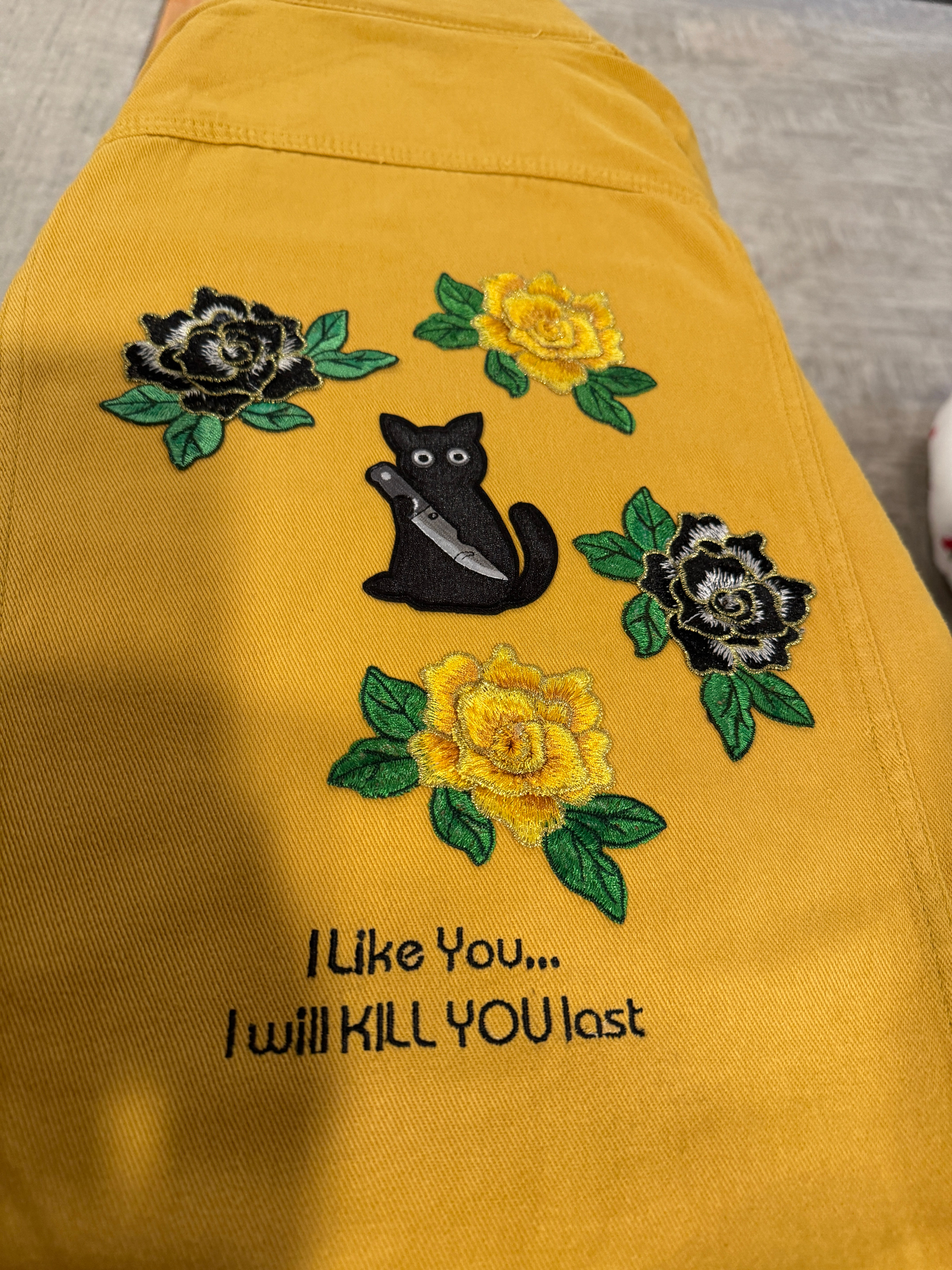 Assassin Kitty on Mustard Denim