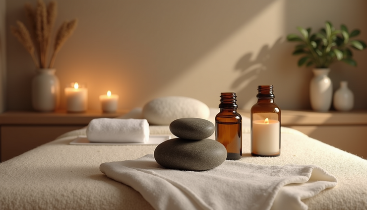 Eye-level view of a massage table with smooth stones and essential oils arranged neatly