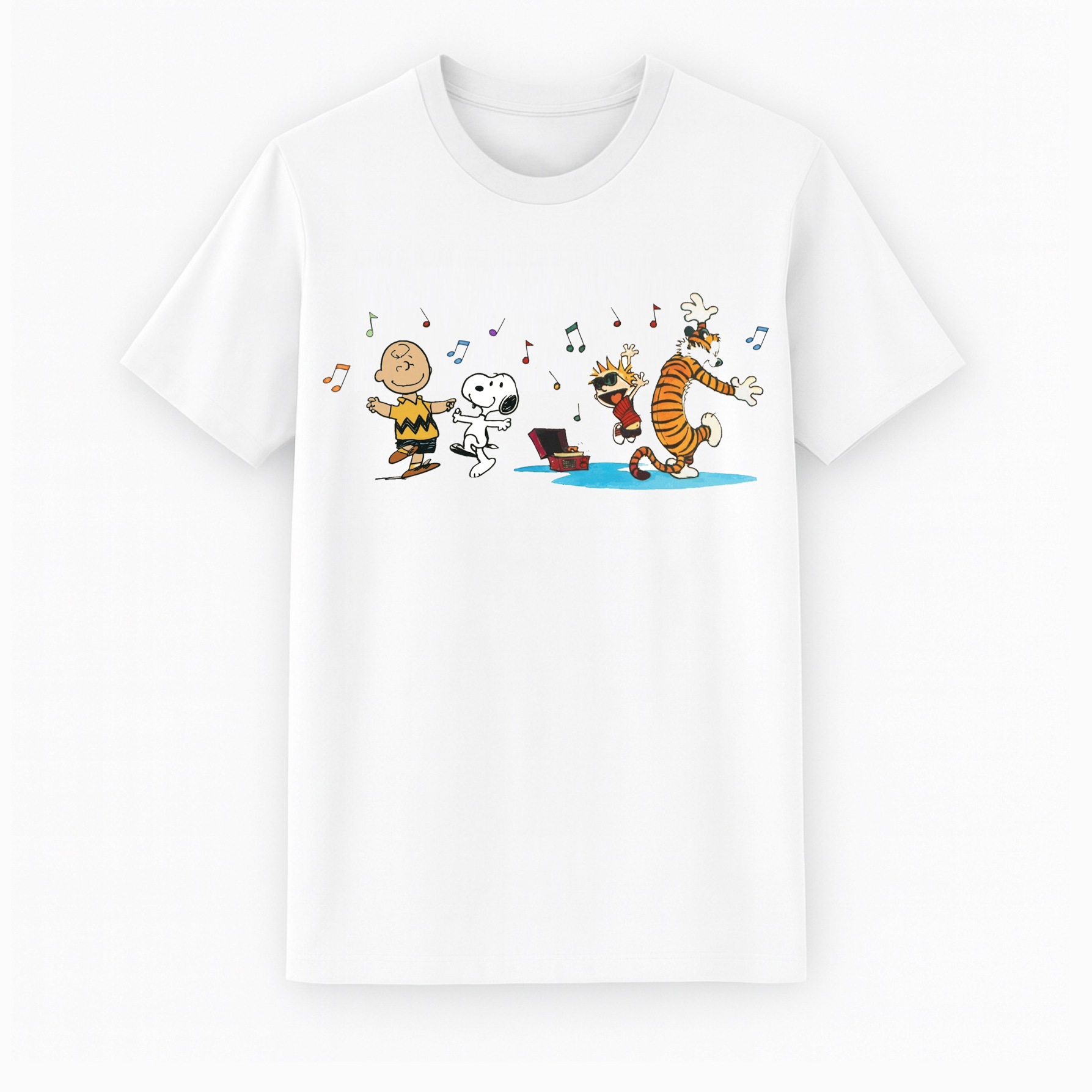 white t-shirt with Charlie Brown, Snoopy, Calvin & Hobbes dancing with music notes and radio