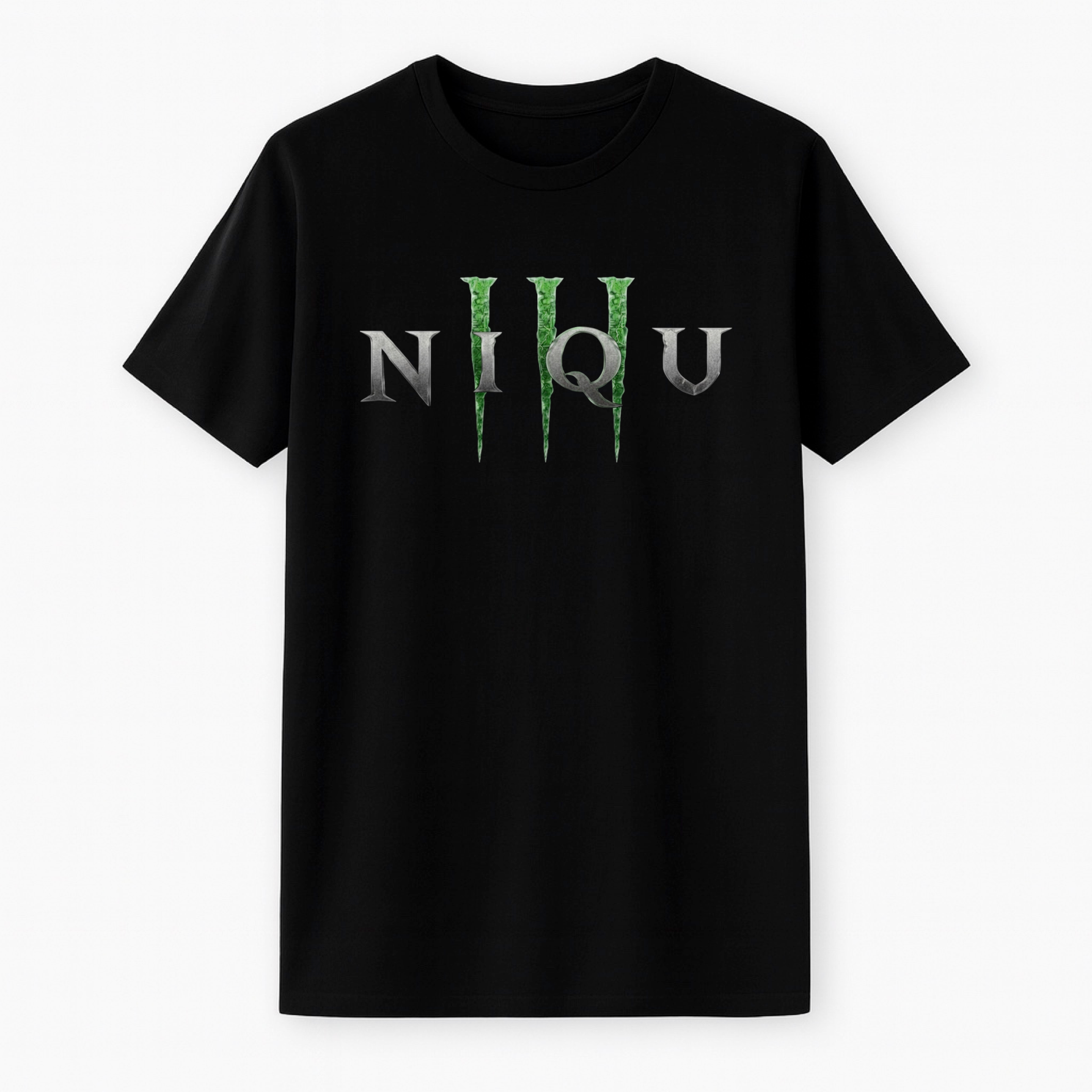 black t-shirt with niqu3 in silver and green