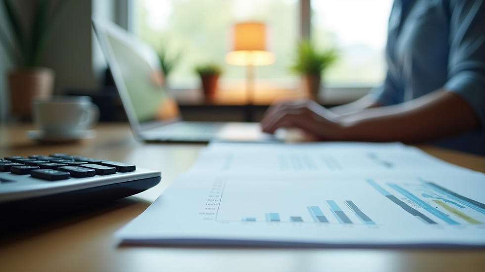 Eye-level view of a modern office desk with financial reports and a calculator
