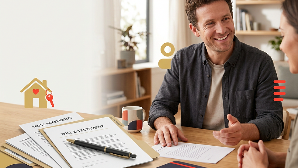 Eye-level view of a desk with estate planning documents and a pen