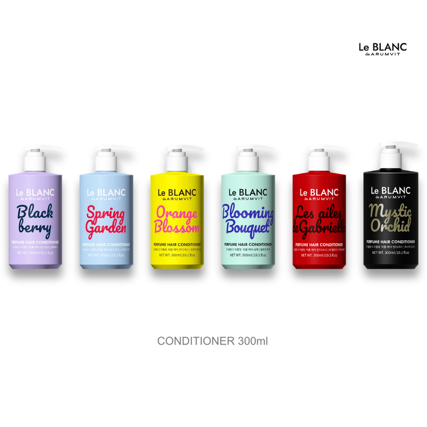 Vibrant Le BLANC perfume hair conditioner 300ml lineup showing six scent options in colored pump bottles.