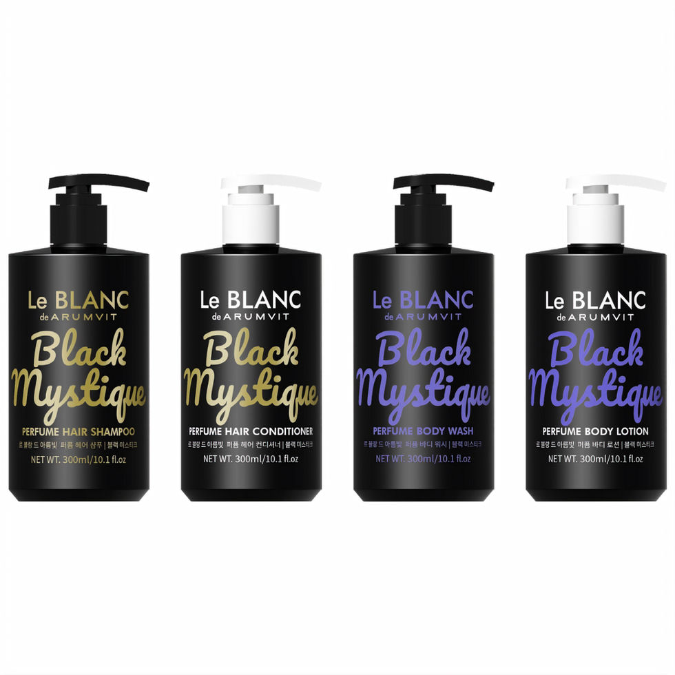 Black Mystique collection: Shampoo, Conditioner, Body Wash, and Lotion set.