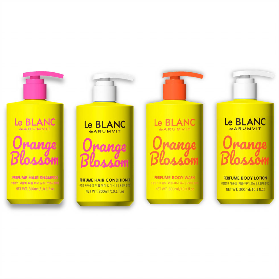 Sleek Orange Blossom perfume hair and body set by Le BLANC: shampoo, conditioner, body wash, body lotion.