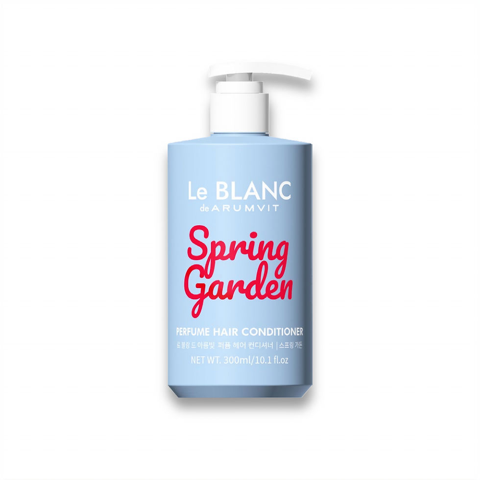 Le BLANC Spring Garden perfume conditioner, sleek blue 300ml pump bottle front label on white background