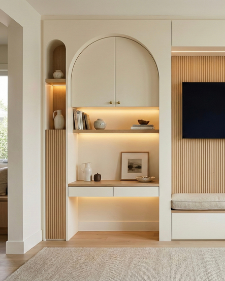 Custom arched cabinetry with integrated shelving and warm LED lighting at the Via Spiga Residence living room millwork installation.