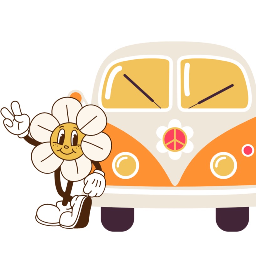 Cal Heights Music summer camp illustration — retro groovy flower and VW bus